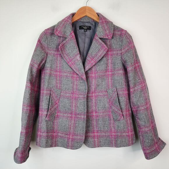 Talbots Gray & Pink Plaid Wool Blazer Size 8 PETITE Button Jacket - Picture 9 of 9